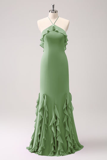 Vestido largo de dama de honor de gasa con volantes halter de sirena de Salvia polvorienta